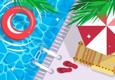 Havuz vektör illüstrasyon, havai görünüm, şemsiye, bir plaj şezlong ile flip-flop, suda şişme yaşam şamandırası, palmiye yaprakları