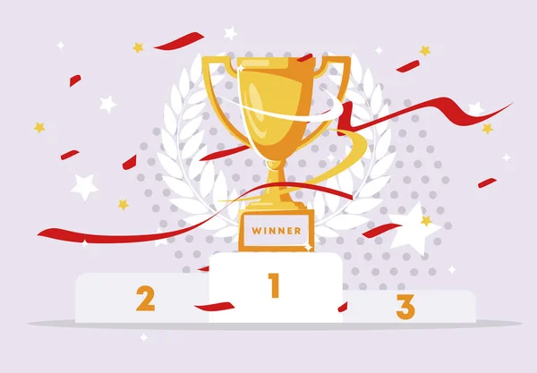 勝者の台座のベクトルイラスト 紙吹雪とリボンを持つチャンピオンカップ 背景に勝者の花輪 — ストックベクタ