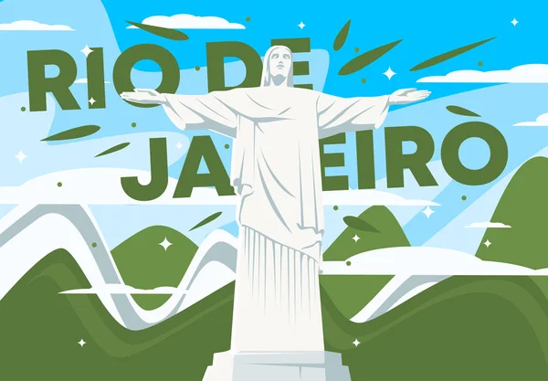 キリストの贖い主リオデジャネイロのベクトルイラスト 緑の山々に対して ブラジルのシンボル — ストックベクタ