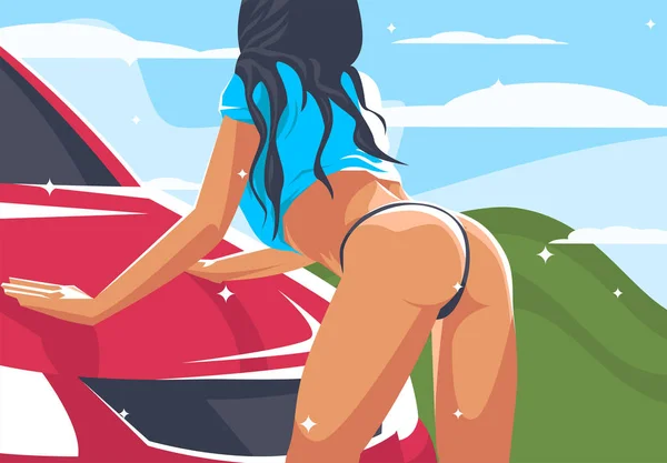 Vektor Illustration Sexig Tjej Bikini Och Blå Shirt Som Lutar — Stock vektor