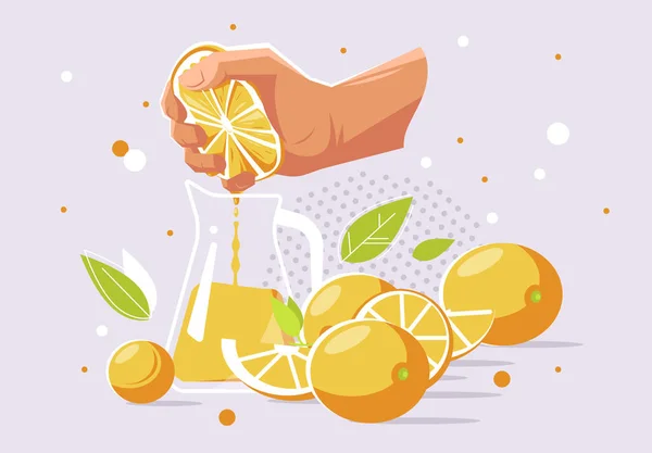 Vector Illustration Human Hand Squeezes Juice Orange Glass Carafe Oranges — Stock Vector