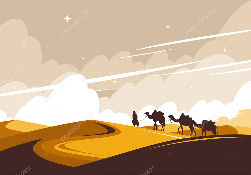 Vector illustration of a desert in Africa, a caravan of camels and a man walking through the desert