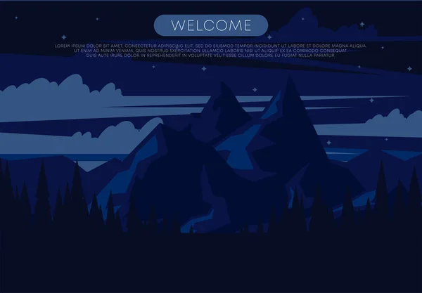 背景上夜山景观的矢量插图 前景中的森林剪影 欢迎网络横幅 — 图库矢量图片