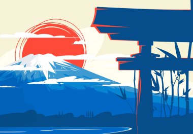 Japon torii Kapısı'nın ön plan siluetinde, kırmızı bir güneşe karşı bir Japon dağının vektör illüstrasyonu, bir bambu korusunsilueti