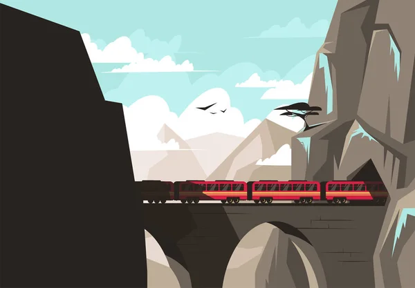乘客列车在高山悬崖上翻过一座桥的矢量图 这是一条山区火车的隧道 — 图库矢量图片