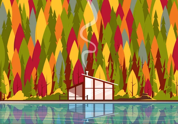 Illustrazione Vettoriale Paesaggio Una Casa Residenziale Minimalista Piedi Nella Foresta — Vettoriale Stock