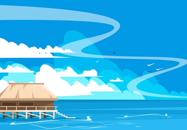 站在水面上的木屋景观的矢量图 与云的海景 — 图库矢量图片