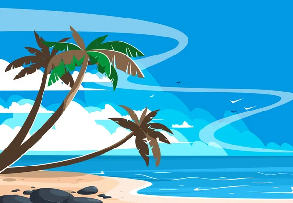 Ilustração Vetorial Paisagem Praia Com Palmeiras Vista Mar Com Nuvens — Vetor de Stock