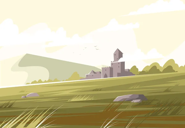 Ilustración Vectorial Paisaje Con Castillo Medieval Horizonte — Archivo Imágenes Vectoriales