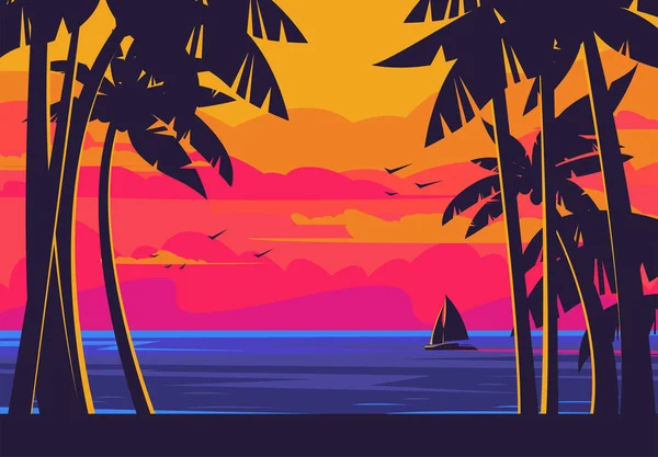 Ilustración Vectorial Del Paisaje Costa Junto Mar Con Siluetas Palmeras — Vector de stock