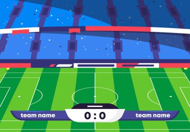 Saha merkezli bir futbol stadyumunun vektör çizimi, bir futbol maçının başlangıcı.