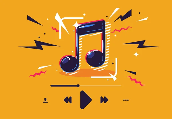 Müzikal kompozisyon çalan, müzik dinleyen ikonların olduğu bir notanın vektör illüstrasyonu