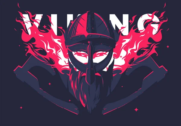 Sakallı Viking miğferi ve yanan gözlü Viking yüzü. Pembe ateş, ortaçağ savaşçısı, siluet baltalar.