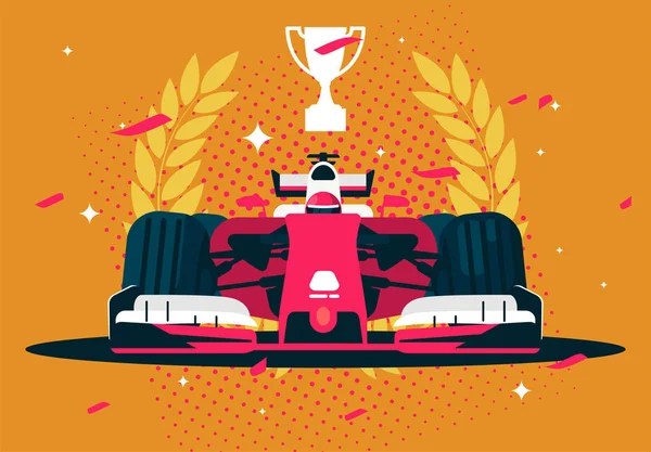 Vector Illustration Car Formula Race Car Winner Wreath Trophy Confetti — ストックベクタ