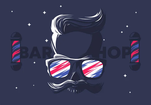 Ilustração Vetorial Crânio Com Penteado Elegante Bigode Óculos Sol Barbearia — Vetor de Stock