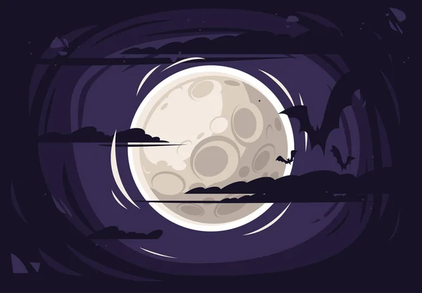 Vector Ilustración Luna Cielo Oscuro Con Nubes Siluetas Murciélagos Noche — Archivo Imágenes Vectoriales