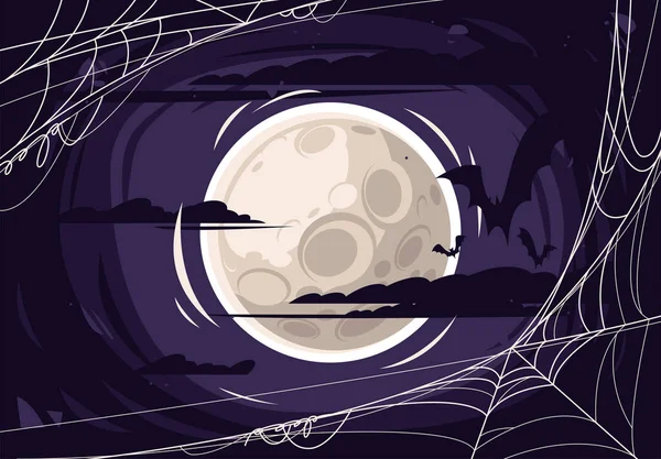 Vector illustration of the moon in a dark sky with clouds and bats silhouettes, web in the foreground, Halloween night — Stock Illustration Vector Illustration Moon Dark Sky Clouds Bats Silhouettes Web Foreground Royalty Free Stock Vectors