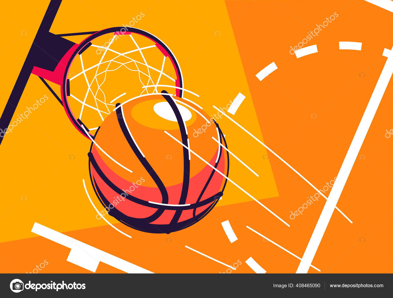バスケットボールの飛行のベクトルイラストバスケットボールコートのマークの部分と トップビュー フープ ストックベクター C Leonid Studio