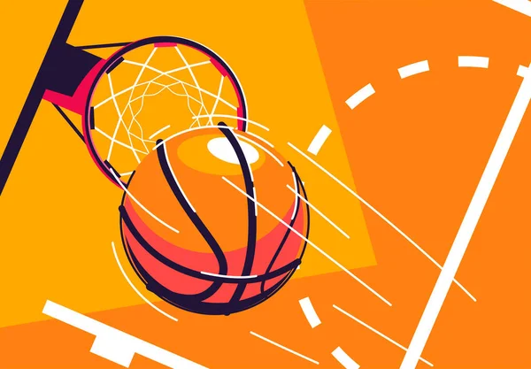 Векторная Иллюстрация Баскетбольного Мяча Летящего Баскетбольное Кольцо Вид Сверху Кусочком — стоковый вектор