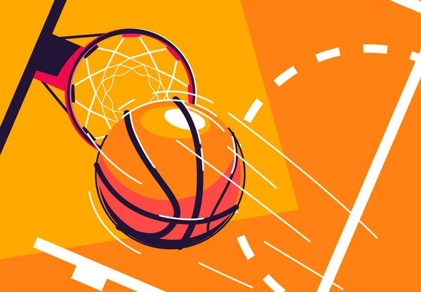 Basket sahasının bir parçasıyla top merdiveni Hoop 'a doğru uçan bir topun vektör çizimi.