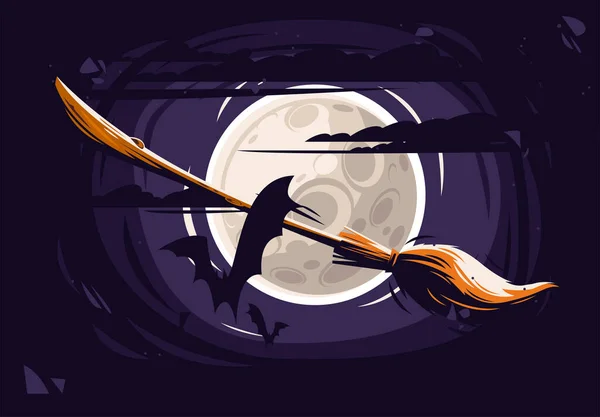 Vektorové Ilustrace Létající Čarodějnice Koště Netopýry Siluety Pozadí Úplňku Halloweenské — Stockový vektor