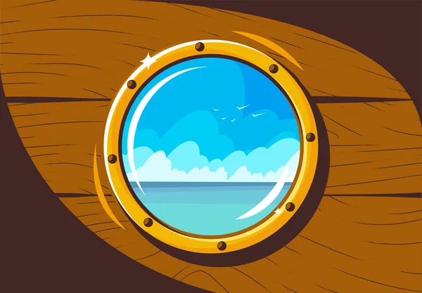 Διάνυσμα Απεικόνιση Ενός Φινιστρίνι Στο Κύτος Ενός Ξύλινου Πλοίου Θέα — Διανυσματικό Αρχείο