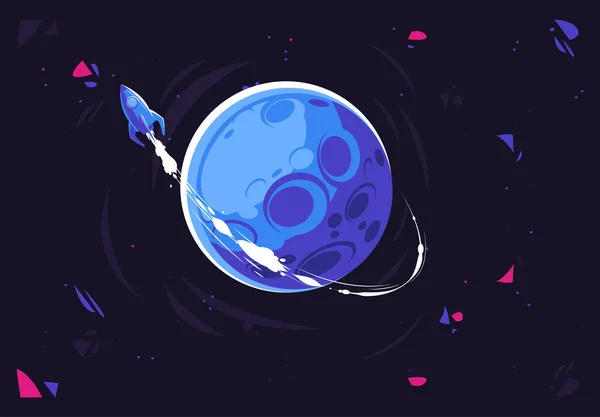 Vector Illustratie Van Een Vliegende Raket Die Rond Een Planeet — Stockvector