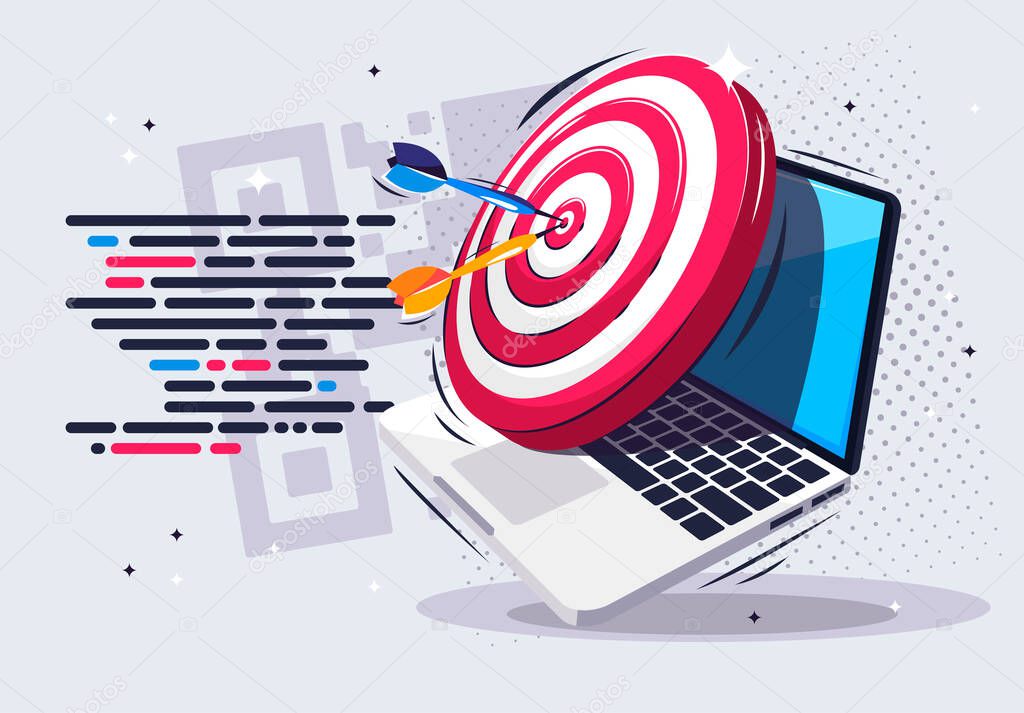  Vector illustration of a laptop with a target on the screen, hitting the target, Darts in the center of the target