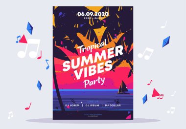    Tropikal bir yaz partisinin poster şablonunun vektör çizimi, palmiye ağaçlı gece plajı.