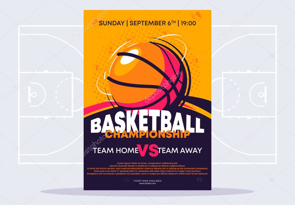    Vector illustration of a poster template for a basketball tournament, an image of a basketball on a poster