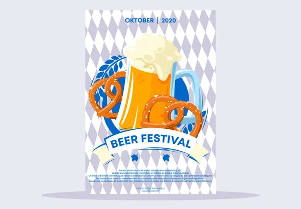 Ilustração Vetorial Modelo Cartaz Oktoberfest Com Caneca Cerveja Pretzels Alemães — Vetor de Stock