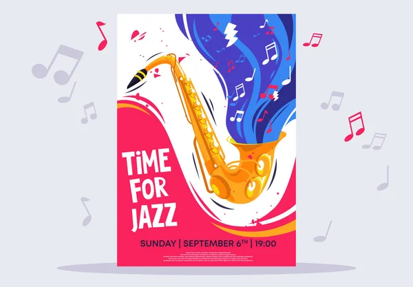 Illustrazione Vettoriale Modello Poster Festival Jazz Con Sassofono Oro Note — Vettoriale Stock