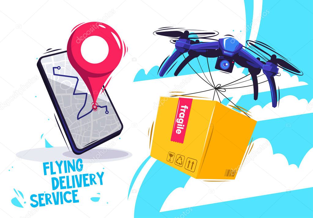    Vector illustration of cargo delivery using a technological flying drone in the air, a modern delivery service with cargo tracking on a smartphone with a map of the area