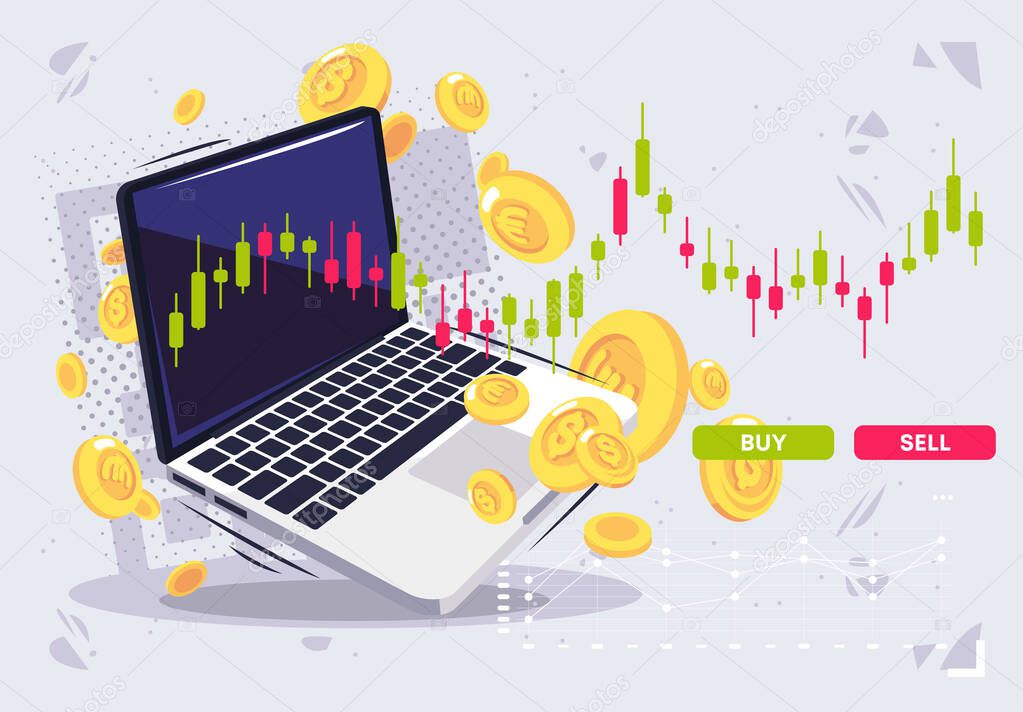 Vector illustration of a laptop with an exchange chart of sales and purchases of financial assets with gold coins of world currencies, trading, stock market, trading on the financial exchange