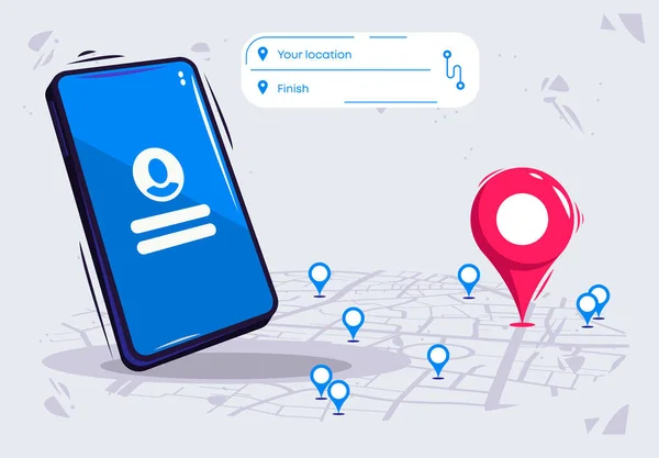 都市地図 位置情報アイコン スマートフォンユーザーインターフェース 旅行ルートを持つスマートフォンのベクトル図 — ストックベクタ
