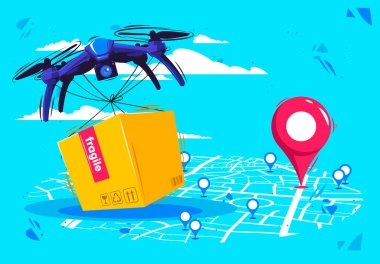 Hava yoluyla bir teslimat hizmetinin vektör çizimi, hava yoluyla mal ve kutuların teslimi, uçan dronlar kullanılarak, şehir haritası ve konum etiketleri ile