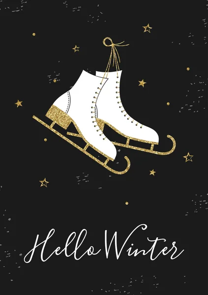 Christmas Card Retro Ice Skates Gold Glitter Texture Hello Winter — Stock Vector