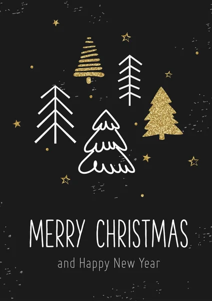 Karácsonyi Üdvözlőlap Téli Fák Arany Fekete Textúra Boldog Karácsonyt Boldog — Stock Vector