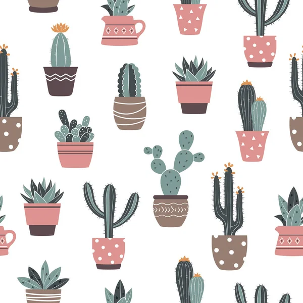 Bezešvé Vektorové Ručně Kreslené Kaktusy Sukulenty Vzor Roztomilý Izolovaný Kaktus — Stockový vektor