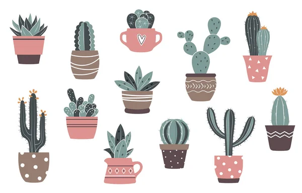 Ensemble Cactus Vectoriels Vintage Succulents Mignon Cactus Dans Des Pots — Image vectorielle