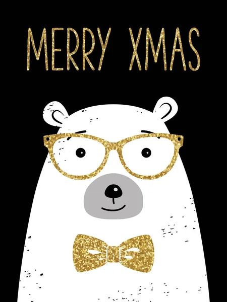 ホッキョクグマとヒップスタークリスマスグリーティングカード メリー クリスマス 金の輝きの質感 — ストックベクタ