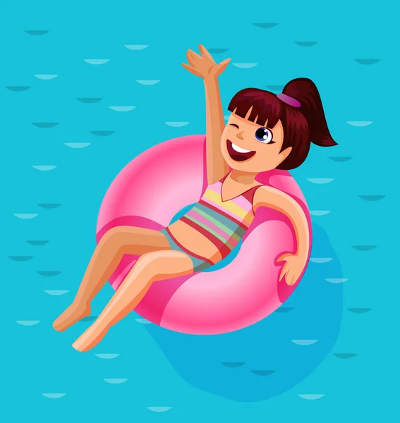 Vrolijke schattig meisje op een kleurrijke ring float in een buitenbad, zomer vakantie concept, vectorillustratie — Stockvector