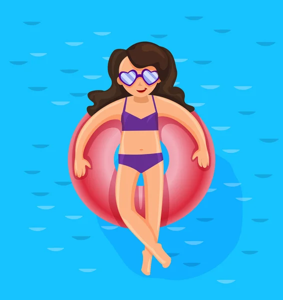 Vrolijke schattig meisje op een kleurrijke ring float in een buitenbad, zomer vakantie concept, vectorillustratie Rechtenvrije Stockvectors