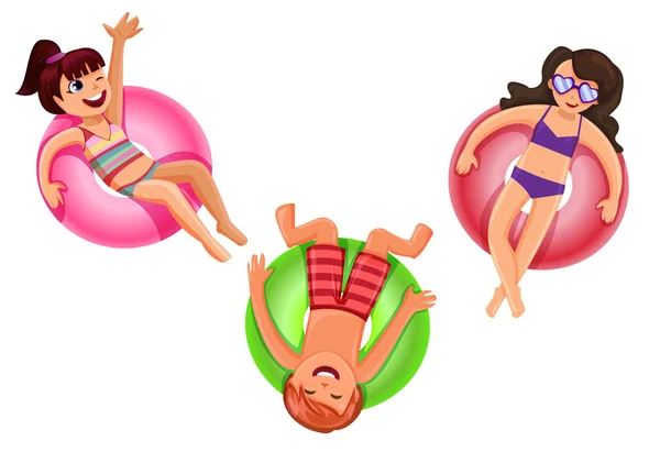 Vrolijke tieners op een kleurrijke ring zweeft in een buitenbad geïsoleerd op wit, zomer vakantie concept, vectorillustratie Stockillustratie
