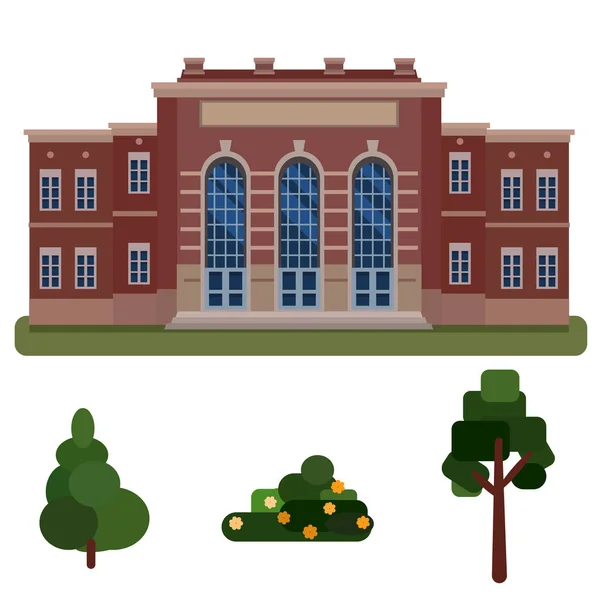 Épület középiskola, középület, adminisztrációs fa, lucfenyő, bokor izolált fehér alapon — Stock Vector