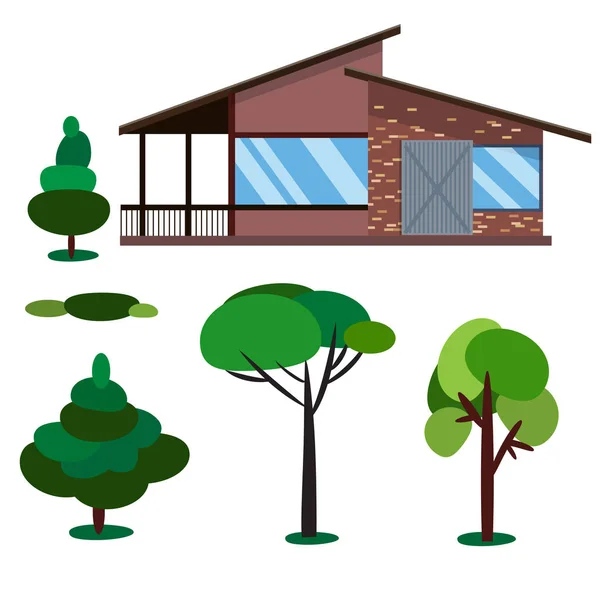 现代，经典和简单的房子孤立在白色背景与植物景观 — 图库矢量图片