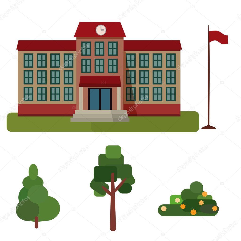 Building high school, public building, administration with flag tree,spruce, bush isolated on white background