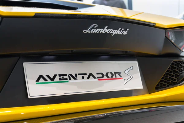 Berlin Germany April 2018 Lamborghini Company Logo Lamborghini Aventador Coupe — Stock Photo, Image