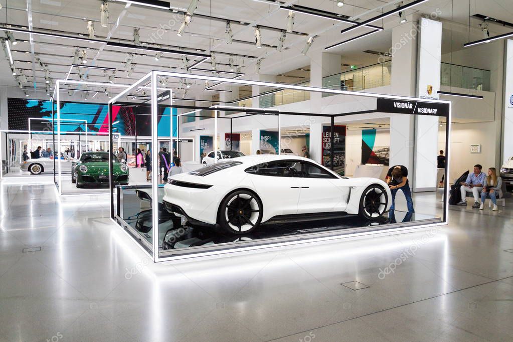 BERLIN, GERMANY - MAY 15 2018: Porsche Mission E concept study car standing at Volkswagen Group forum Drive on May 15, 2018 in Berlin, Germany.