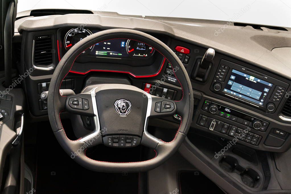 BERLIN, GERMANY - MAY 15 2018: Scania company logo in truck cabin at Volkswagen Group forum Drive on May 15, 2018 in Berlin, Germany.